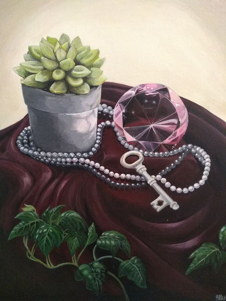 Key, Gem & Plant Still Life - 16" x 20" - Painting by Erica Young - Martello Alley