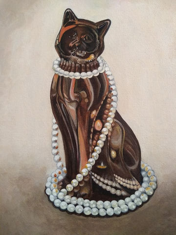 Copper Cat with Pearls - 12" x 10" - Painting by Erica Young - Martello Alley