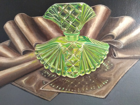 Green Bottle on Silk - 12" x 10" - Painting by Erica Young - Martello Alley