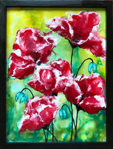 Plush Poppies - encaustic 12 x 16 by Cathie Hamilton - Martello Alley