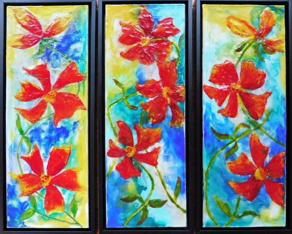 Rejoice in Red. 3 panels - Encaustic Painting by Cathie Hamilton - Martello Alley