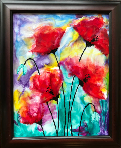 Proud Poppies 1 - encaustic 12 x 15 by Cathie Hamilton - Martello Alley