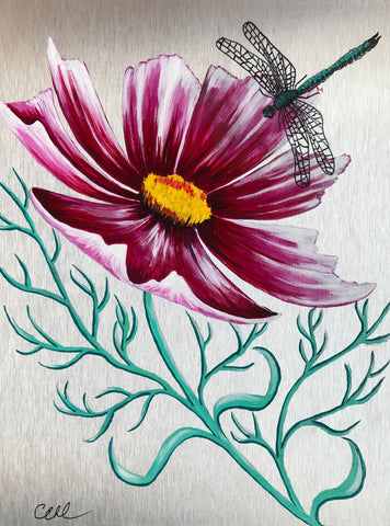Dragonfly Flower - Painting on aluminum 9 x 12 by Cathie Hamilton - Martello Alley