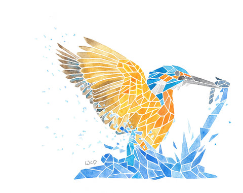 Watercolour Painting of Splashing Kingfisher with Fish (original)