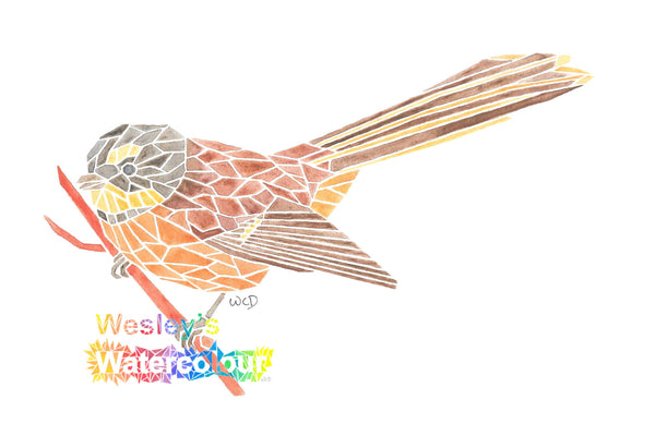Watercolour Greeting Card of New Zealand Fantail (closed tail)