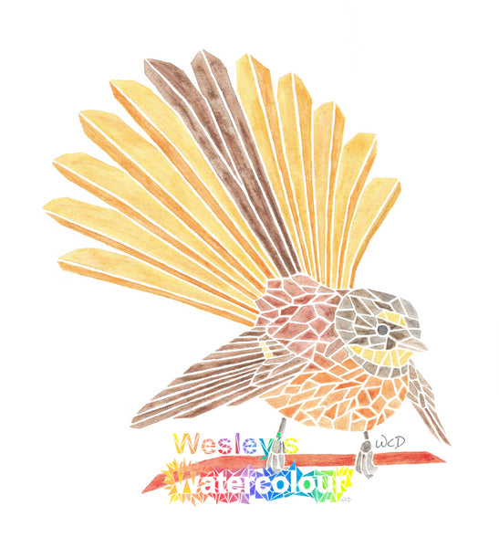 Watercolour Print of New Zealand Fantail (open tail)