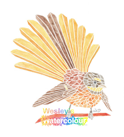 Watercolour Greeting Card of New Zealand Fantail (open tail)