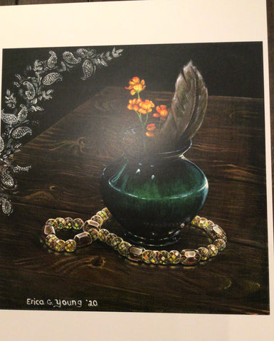 Green Bottle and Orange Feathers - Print