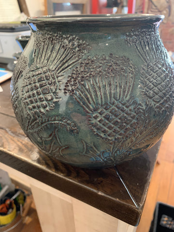 Vase -Ceramic fish bowl vase with incised thistles