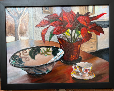 Bowl, Tea Cup, Red Flower - original art by Pat Shea