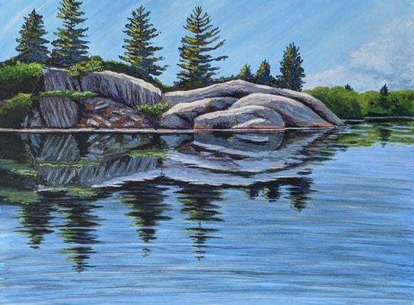 Cool Lake and Rocky Shore - original painting by Rosalyn Insley