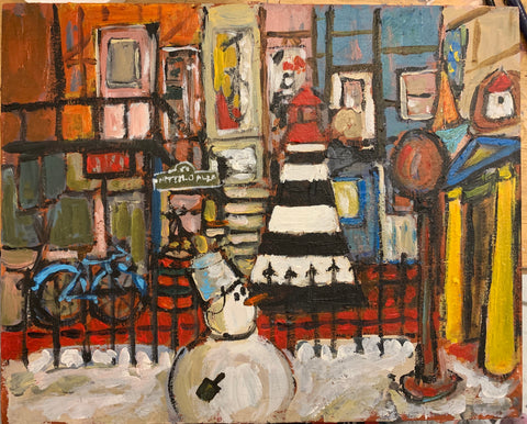 Snowman at Martello Alley - painting by David Dossett - Martello Alley