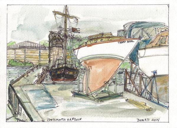 Portsmouth Harbour (Tramp Royal) - Watercolour original by David Dossett - Martello Alley