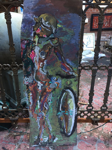 Femme et vélo - painting on steel - Painting by Martello Alley - Martello Alley