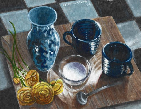 Yellow Posies & Blue Mugs - print