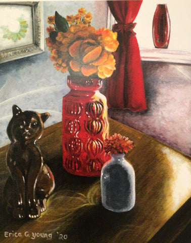 Red Vase with Copper Cat - Print