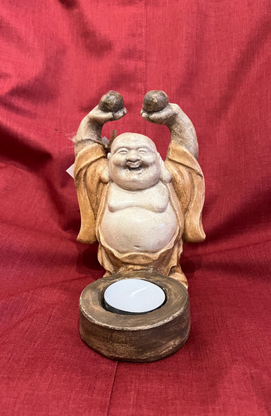 Hand Cast Concrete Happy Buddha with Pearls Tea Light Candle Holder