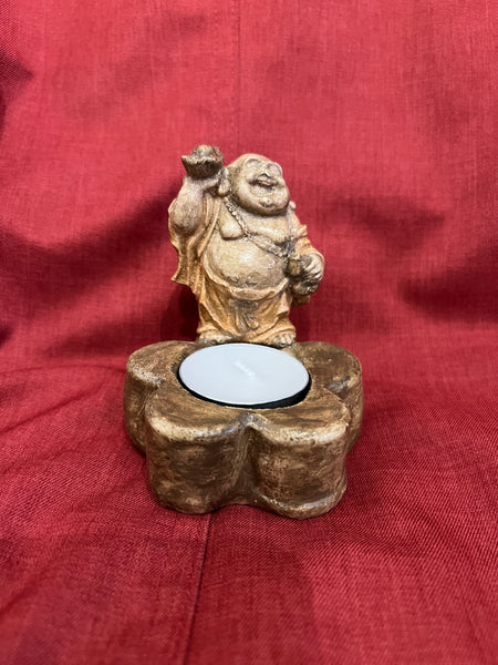 Hand Cast Concrete Mini Happy Travelling Buddha of Good Fortune Tea Light