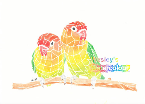 Watercolour Postcard of Two Lovebirds