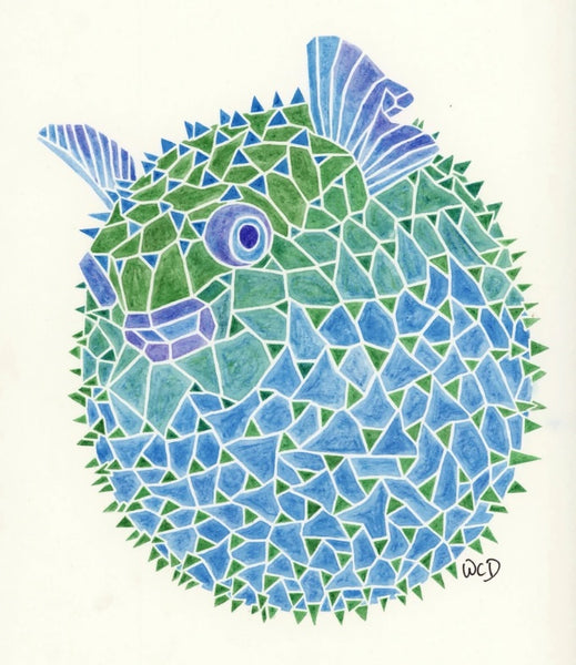 Watercolour Print of Geometric Pufferfish